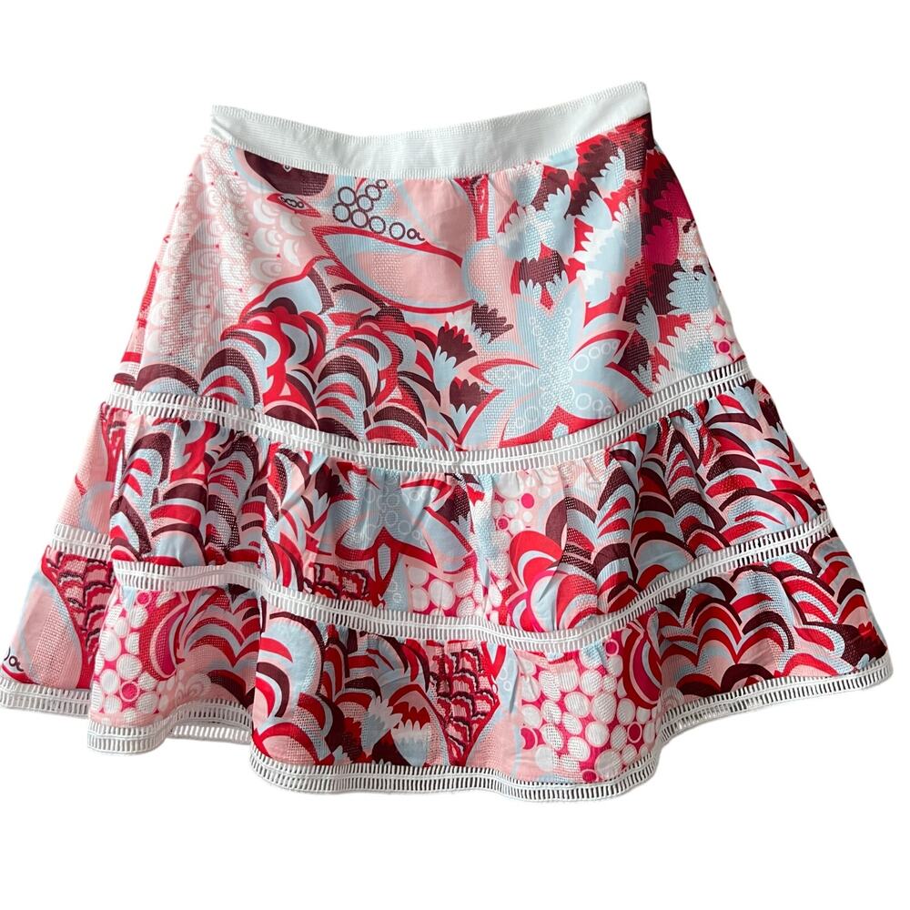 Mulla Miniskirt Women’s M Pink Blue Multicolor Abstract Floral Ladder Lace NWT - Picture 2 of 10